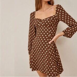 NWT Reformation Mochi Polka Dot Mini Dress Long Sleeve Sweetheart Brown Size 10
